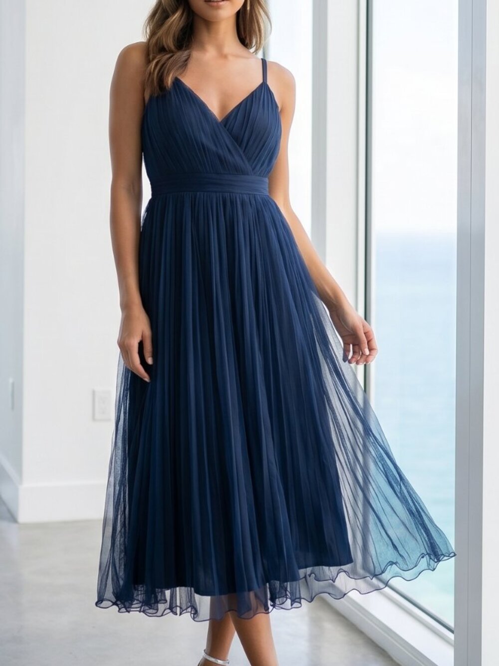 NWT LULU'S navy blue pleated chiffon midi dress S